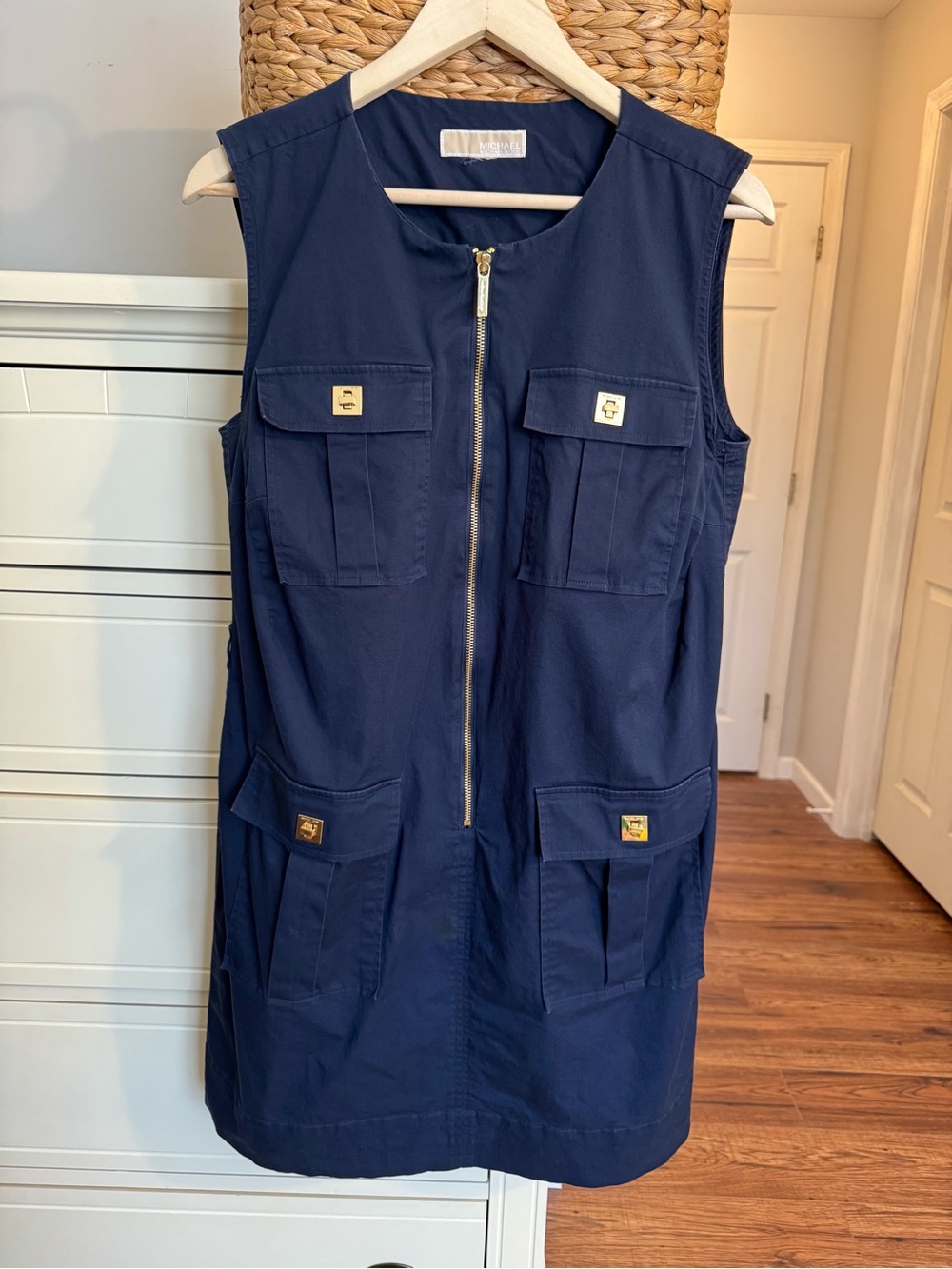Michael Kors Navy Utility Dress Size Large Sleeveless Zip Front Gold Hardware